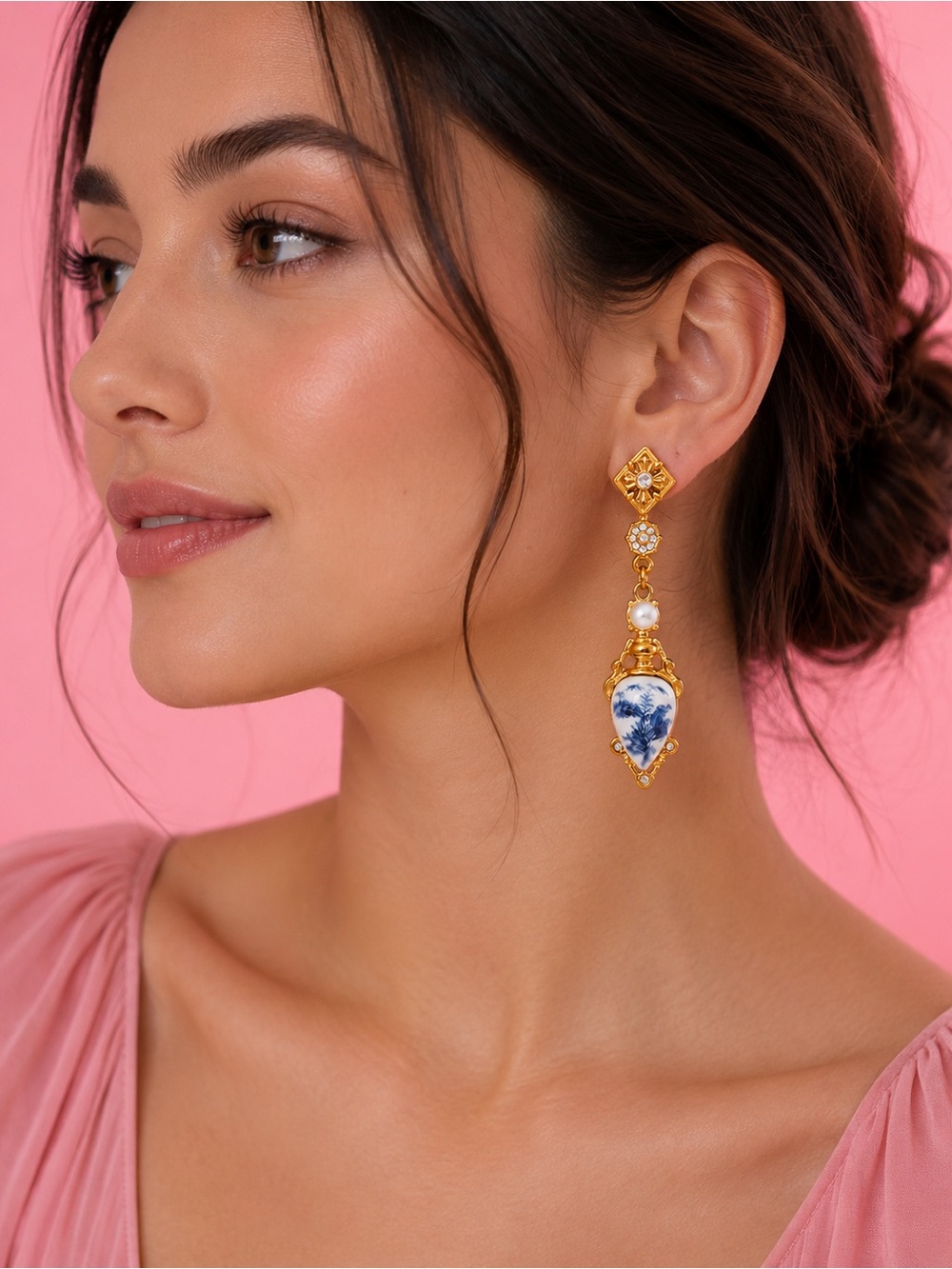 Vintage Porcelain Baroque Blue Gold Earrings